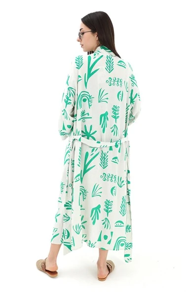 Baskılı Keten Kimono - Yeşil - Resim 7