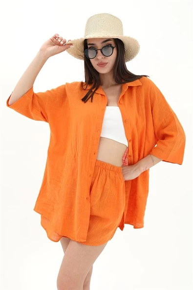 Pamuk Keten Şort Gömlek Kadın İkili Takım - Turuncu - Resim 4