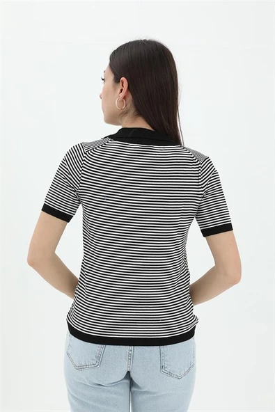 İnce Çizgili Polo Yaka Triko Kazak - Siyah - Resim 3