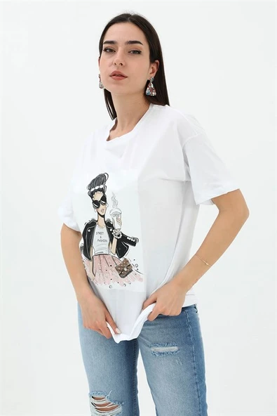 Bisiklet Yaka Taş Detaylı Süprem T-shirt - Beyaz - Resim 2