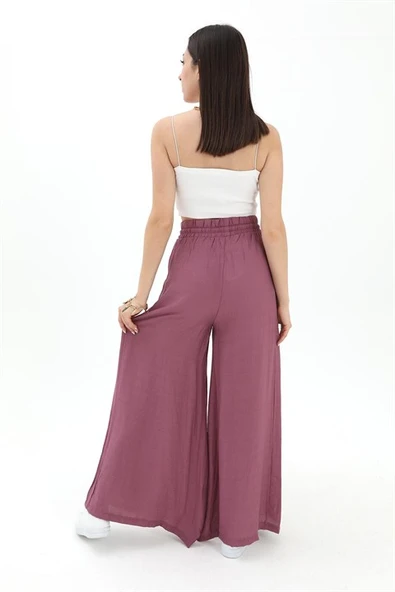 Geniş Kemerli Bol Paça Düz Keten Kadın Pantolon - Lila - Resim 6