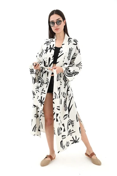 Baskılı Keten Kimono - Siyah - Resim 6