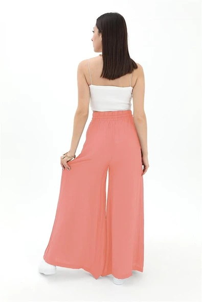 Geniş Kemerli Bol Paça Düz Keten Kadın Pantolon - Mercan - Resim 4