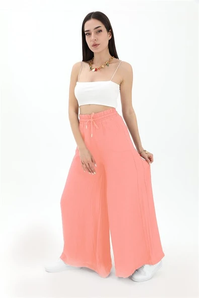 Geniş Kemerli Bol Paça Düz Keten Kadın Pantolon - Mercan - Resim 3