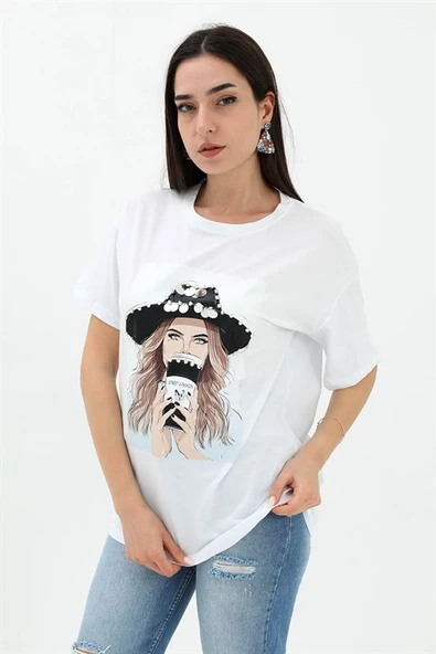 Bisiklet Yaka Kovboy Şapkalı Süprem T-shirt - Beyaz - Resim 2