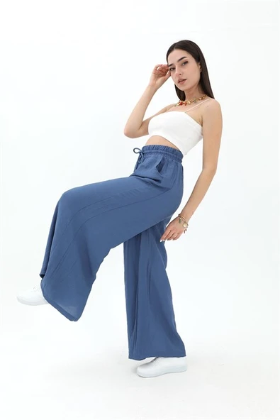 Geniş Kemerli Bol Paça Düz Keten Kadın Pantolon - Mavi - Resim 5