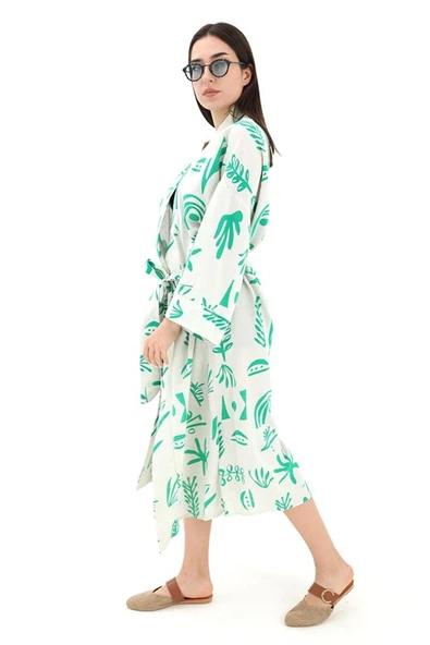Baskılı Keten Kimono - Yeşil - Resim 5