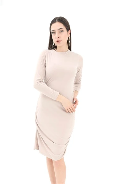 Bisiklet Yaka Yanı Büzgülü Elbise - Bej ürün görseli 1