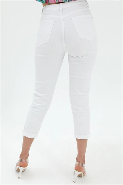 Yüksek Bel Likralı Mom Jeans - Beyaz - Resim 4