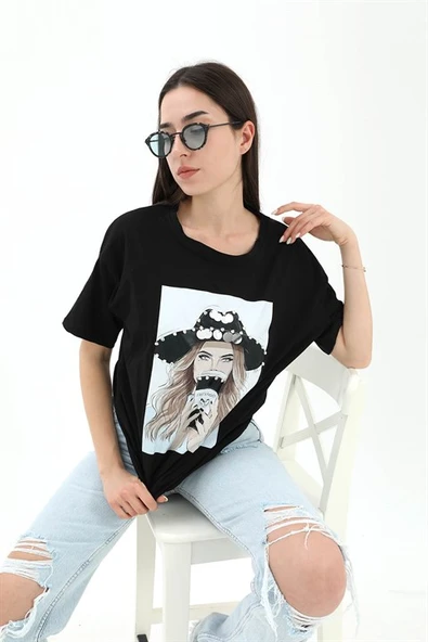 Bisiklet Yaka Kovboy Şapkalı Süprem T-shirt - Siyah - 1