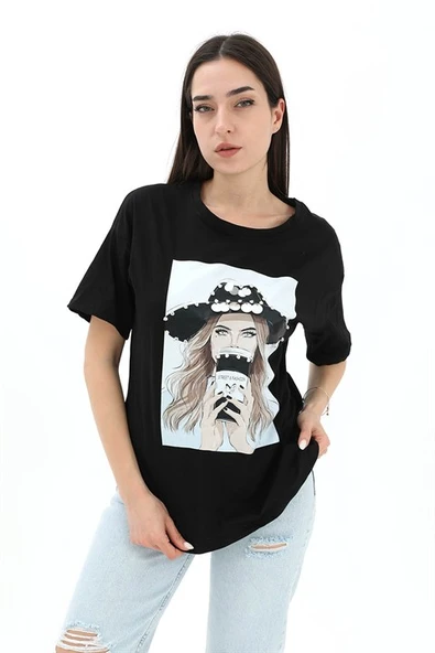 Bisiklet Yaka Kovboy Şapkalı Süprem T-shirt - Siyah - 2