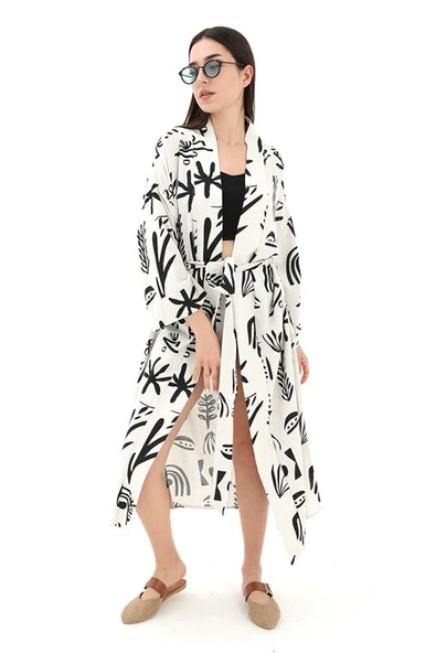 Baskılı Keten Kimono - Siyah - Resim 3