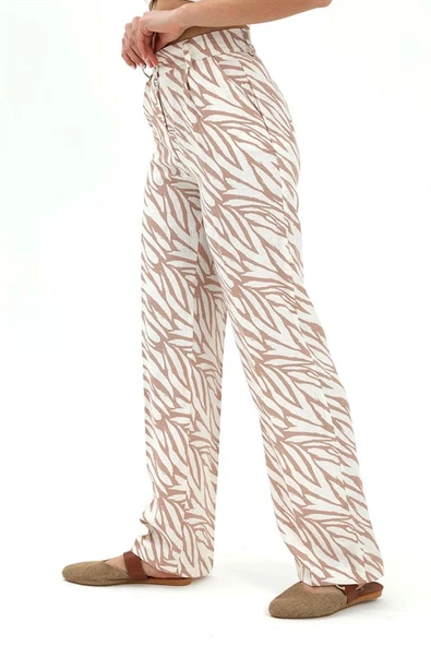 Zebra Desen Yüksek Bel Keten Pantolon - Bej - Resim 3