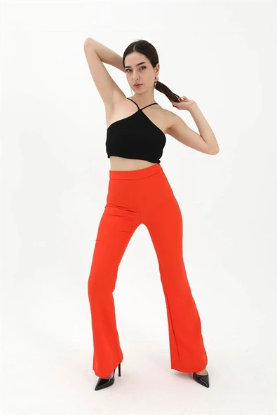 Yüksek Bel Gizli Fermuarlı İspanyol Paça Atlas Kumaş Pantolon - Turuncu ürün görseli 1