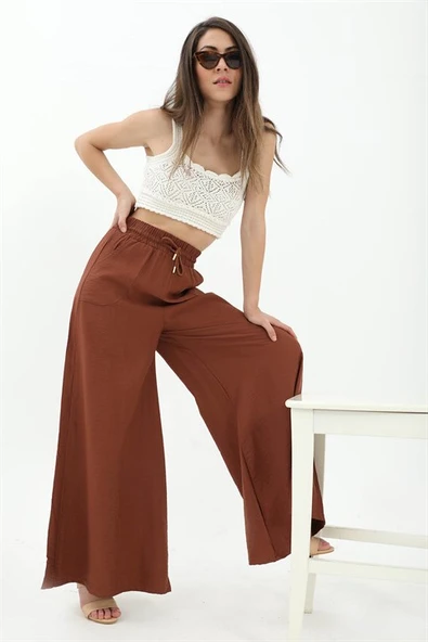 Geniş Kemerli Bol Paça Düz Keten Kadın Pantolon - Kahverengi - 4