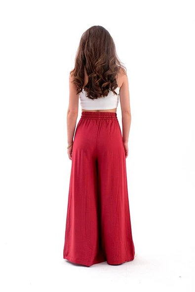 Geniş Kemerli Bol Paça Düz Keten Kadın Pantolon - GülKurusu - Resim 6