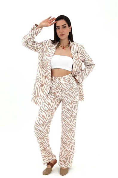 Zebra Desen Yüksek Bel Keten Pantolon - Bej ürün görseli 1