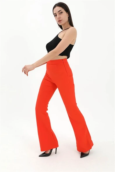 Yüksek Bel Gizli Fermuarlı İspanyol Paça Atlas Kumaş Pantolon - Turuncu - Resim 3