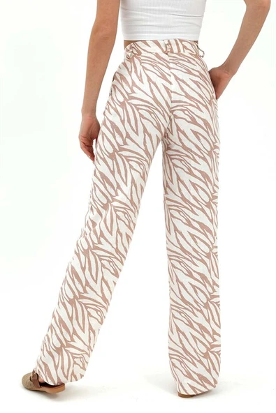 Zebra Desen Yüksek Bel Keten Pantolon - Bej - Resim 4