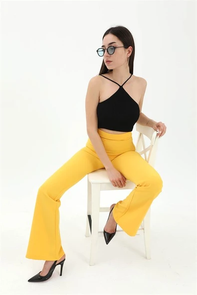 Yüksek Bel Gizli Fermuarlı İspanyol Paça Atlas Kumaş Pantolon - Sarı ürün görseli 1