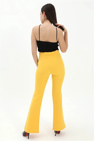 Yüksek Bel Gizli Fermuarlı İspanyol Paça Atlas Kumaş Pantolon - Sarı - Resim 4