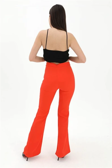 Yüksek Bel Gizli Fermuarlı İspanyol Paça Atlas Kumaş Pantolon - Turuncu - Resim 4