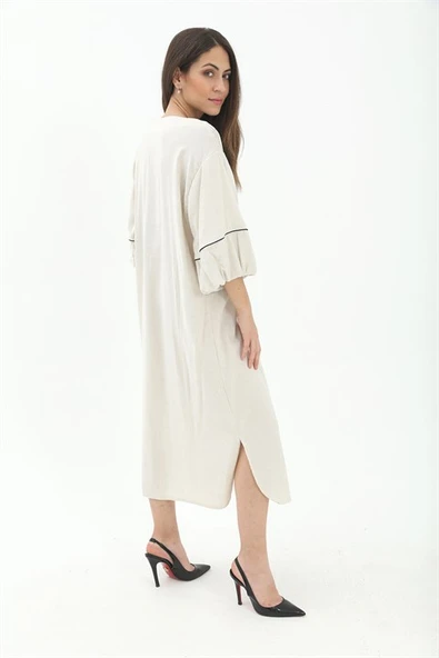 Balon Kol Nakışlı Kimono - Taş - Resim 4