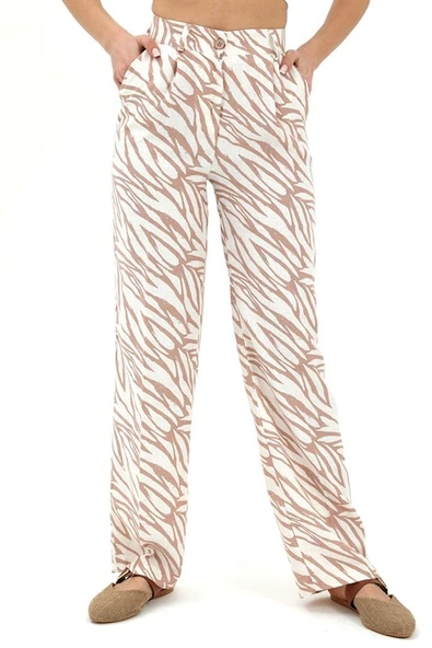 Zebra Desen Yüksek Bel Keten Pantolon - Bej - Resim 2