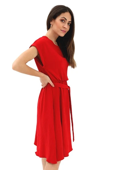 Bisiklet Yaka Beli Büzgülü Kemerli Elbise - Kırmızı - Resim 3