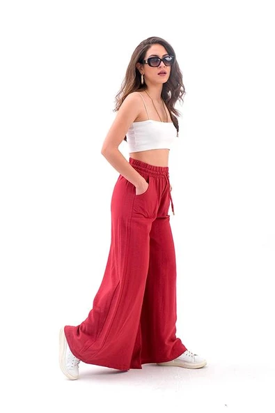 Geniş Kemerli Bol Paça Düz Keten Kadın Pantolon - GülKurusu - Resim 3