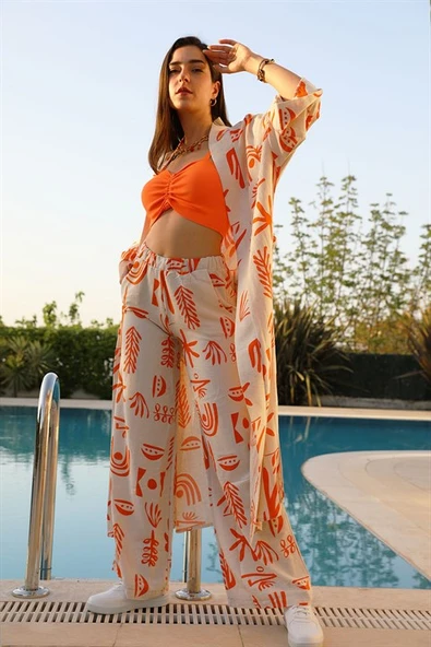 Baskılı Keten Bol Paça Pantolon - Turuncu - Resim 2