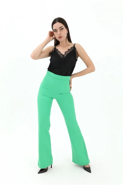 Yüksek Bel Gizli Fermuarlı İspanyol Paça Atlas Kumaş Pantolon - Yeşil ürün görseli 1