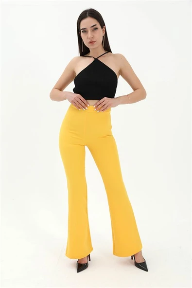 Yüksek Bel Gizli Fermuarlı İspanyol Paça Atlas Kumaş Pantolon - Sarı - Resim 2