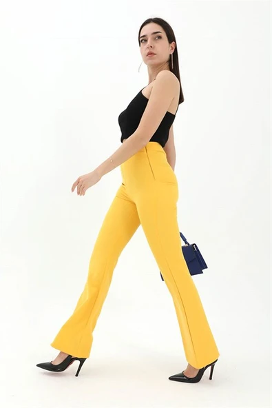 Yüksek Bel Gizli Fermuarlı İspanyol Paça Atlas Kumaş Pantolon - Sarı - Resim 3