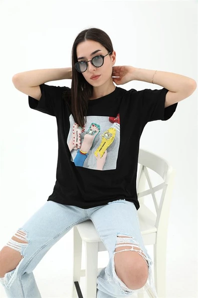 Bisiklet Yaka Terlik Baskılı T-shirt - Siyah ürün görseli 1