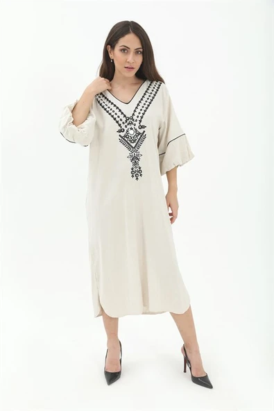 Balon Kol Nakışlı Kimono - Taş - Resim 3