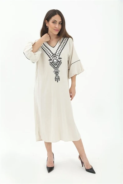 Balon Kol Nakışlı Kimono - Taş - Resim 2