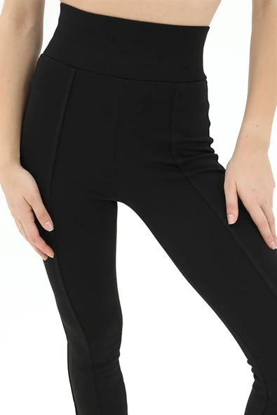 Yüksek Bel Kemerli Önden Yırtmaç Detaylı Tayt - Siyah - Resim 6