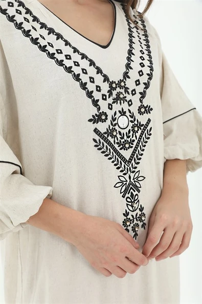 Balon Kol Nakışlı Kimono - Taş - Resim 6