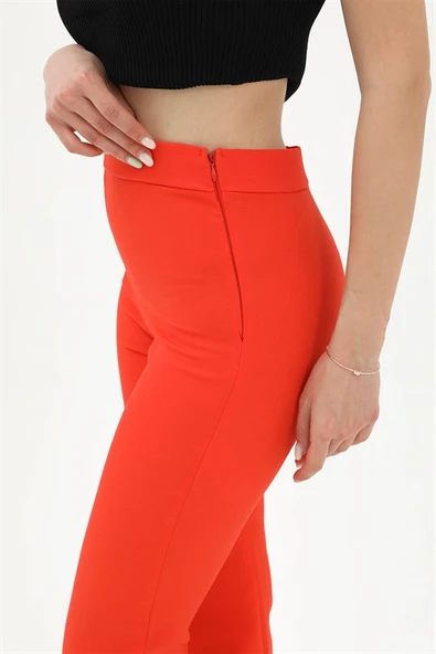 Yüksek Bel Gizli Fermuarlı İspanyol Paça Atlas Kumaş Pantolon - Turuncu - Resim 5