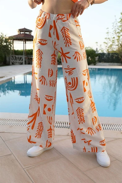Baskılı Keten Bol Paça Pantolon - Turuncu - Resim 5