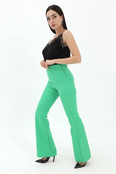 Yüksek Bel Gizli Fermuarlı İspanyol Paça Atlas Kumaş Pantolon - Yeşil - Resim 3