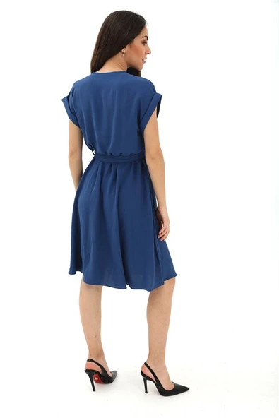 Bisiklet Yaka Beli Büzgülü Kemerli Elbise - İndigo - Resim 5