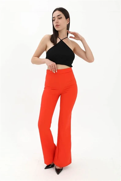 Yüksek Bel Gizli Fermuarlı İspanyol Paça Atlas Kumaş Pantolon - Turuncu - Resim 2