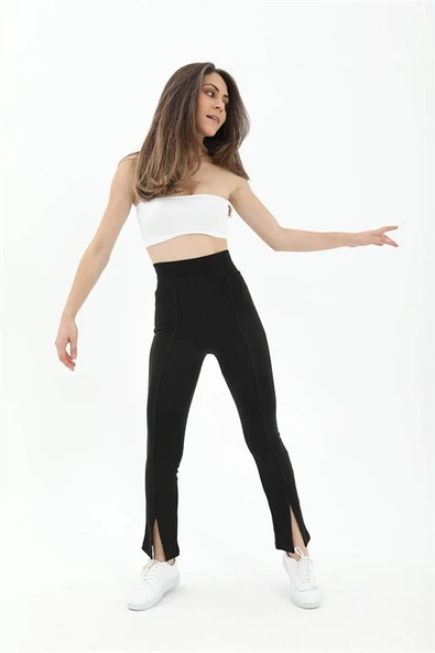 Yüksek Bel Kemerli Önden Yırtmaç Detaylı Tayt - Siyah ürün görseli 1