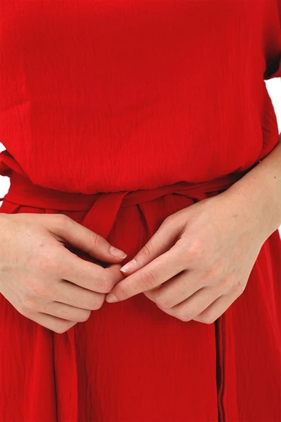 Bisiklet Yaka Beli Büzgülü Kemerli Elbise - Kırmızı - Resim 6