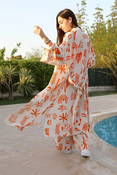 Baskılı Keten Bol Paça Pantolon - Turuncu - Resim 7