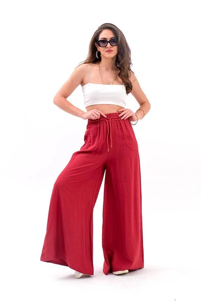 Geniş Kemerli Bol Paça Düz Keten Kadın Pantolon - GülKurusu - Resim 5