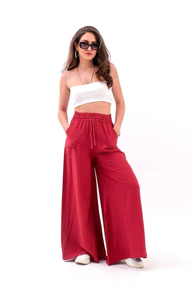 Geniş Kemerli Bol Paça Düz Keten Kadın Pantolon - GülKurusu - Resim 4