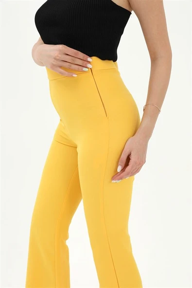 Yüksek Bel Gizli Fermuarlı İspanyol Paça Atlas Kumaş Pantolon - Sarı - Resim 5